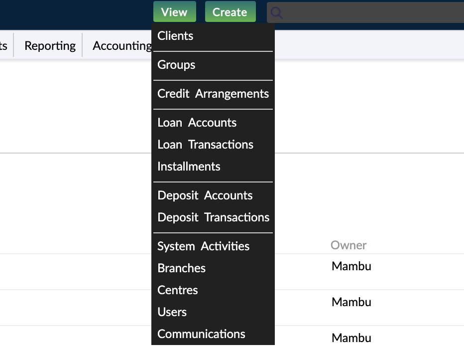 View menu with available entities